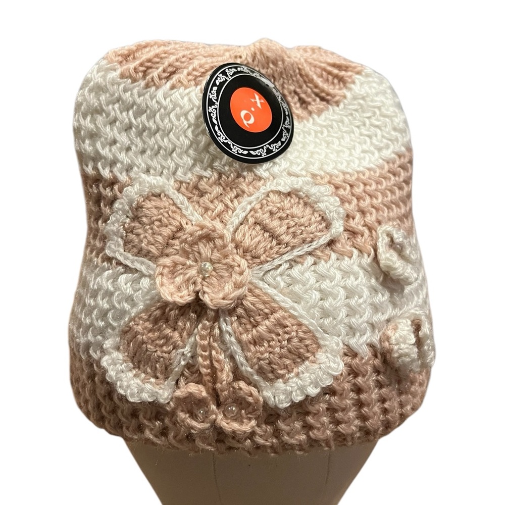 NWT stripe knit beanie hat with flower